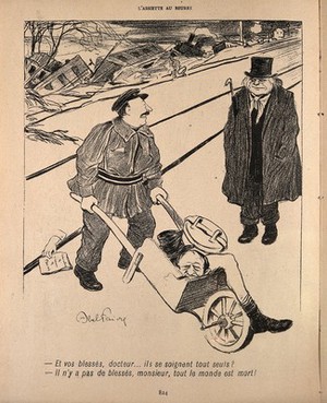 view A railway employee (?) wheels away the dismembered body of a man killed in a railway accident; he converses with a physician. Process print after J-A. Faivre, 1902.