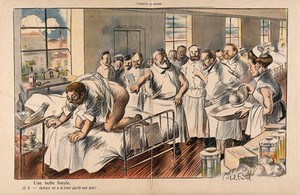 view Surgeons group around a patient exhibiting an especially dramatic anal fistula; the patient happily thinks to himself that he has never before been the object of such attention. Colour process print after J-A. Faivre, 1902.