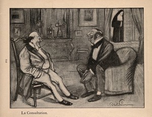 view A doctor and his patient laugh during a consultation; behind, a nun stands by the door. Process print after J-A. Faivre, 1902.