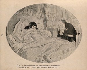 view A patient exposes her breasts to a physician and asks if a physician is not a little like a confessor: the doctor exclaims that he hopes she does not show herself like that to her confessor. Process print afterJ-A. Faivre, 1902.