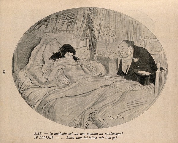A patient exposes her breasts to a physician and asks if a physician is not a little like a confessor: the doctor exclaims that he hopes she does not show herself like that to her confessor. Process print afterJ-A. Faivre, 1902.
