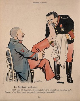 A military physician examines a bandsman who has a poorly foot and cannot march in time. Colour process print after J-A. Faivre, 1902.