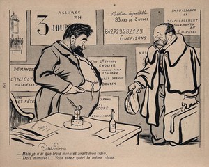 view A quack claims he can cure a man in the three minutes before his train leaves. Process print after J-A. Faivre, 1902.