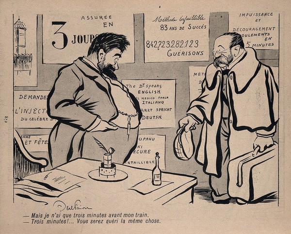 A quack claims he can cure a man in the three minutes before his train leaves. Process print after J-A. Faivre, 1902.
