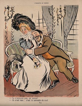 A physician molests a young lady. Colour process print after J-A. Faivre, 1902.