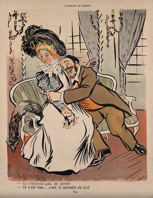 view A physician molests a young lady. Colour process print after J-A. Faivre, 1902.