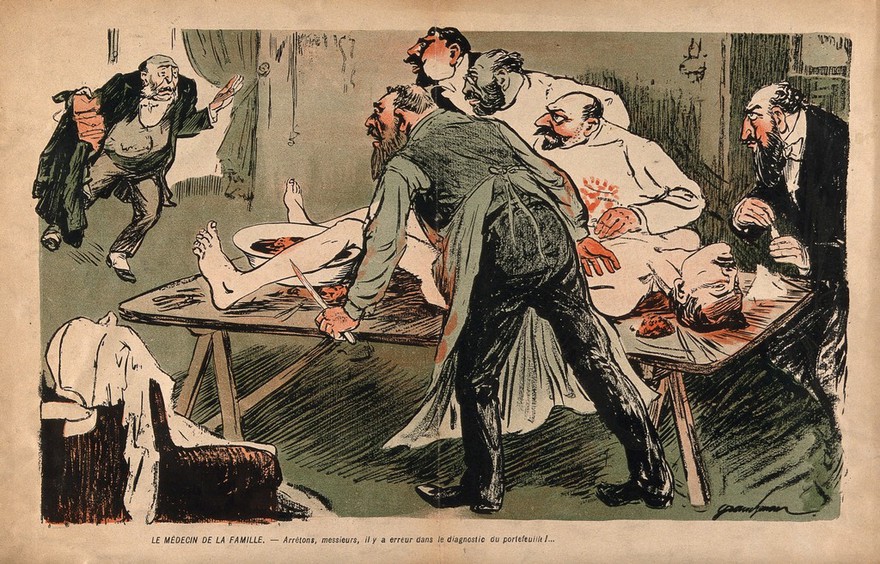 A physician rushes into an operating theatre, exclaiming that there has been an error in diagnosis; unfortunately, the patient is already lying there, opened up. Colour photomechanical reproduction of a lithograph, c. 1900.
