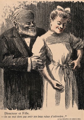 A nurse is cajoled by a director. Colour photomechanical reproduction of a lithograph, c. 1900.