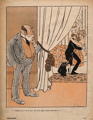 A physician beds a young woman; her husband looks on pensively, hoping that the physician will not charge him for this 'operation'. Colour process print after Cuiliale (?), c. 1905.