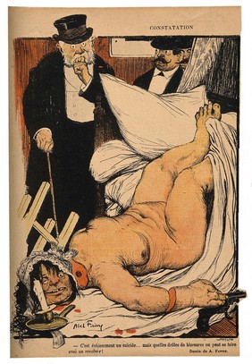 Doctors investigate a fake suicide. Colour process print by Bertin after J-A. Faivre, c. 1900.