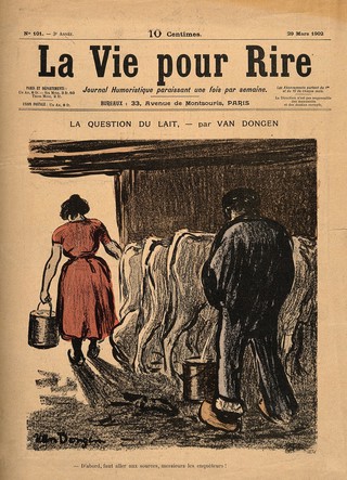 A man urinates in a milk bucket in a cowshed. Colour process print after K. Van Dongen, 1902.