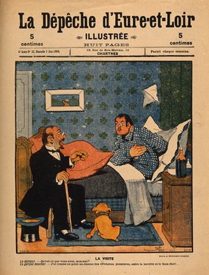 view A butcher's boy describes his ailment to a doctor in terms of cuts of meat. Colour photomechanical reproduction of a lithograph by Crété after B.A. Rabier, 1903.