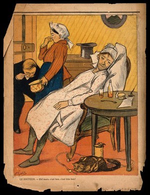 view A doctor enthusiastically examines a patient's stools. Colour process print after F.L. Gottlob.