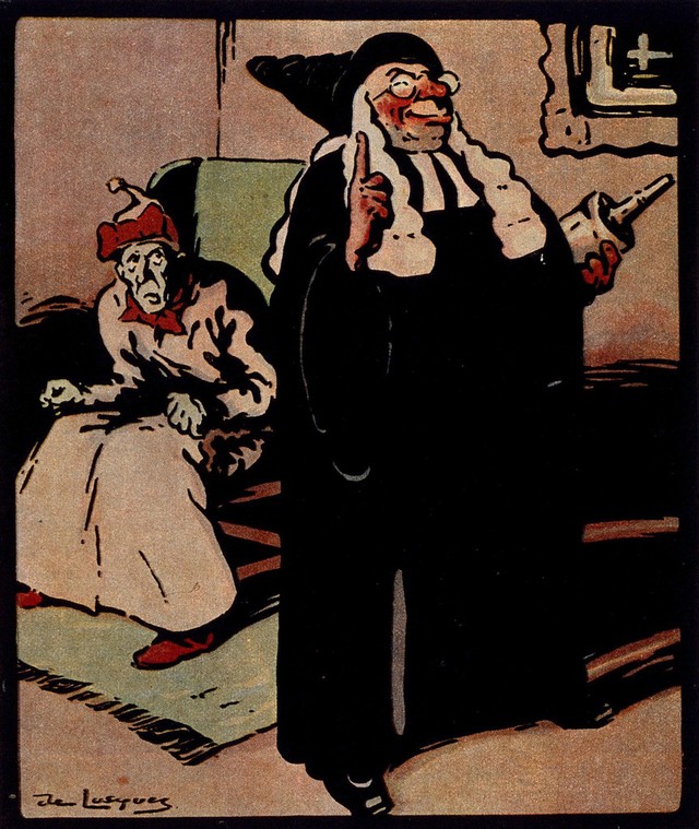 A physician, enema in hand, quotes Hippocrates on the importance of the stomach in the 'administration' of the body; a green-hued patient cowers behind. Colour photomechanical reproduction of a lithograph by D.T. de Losques, 1910.