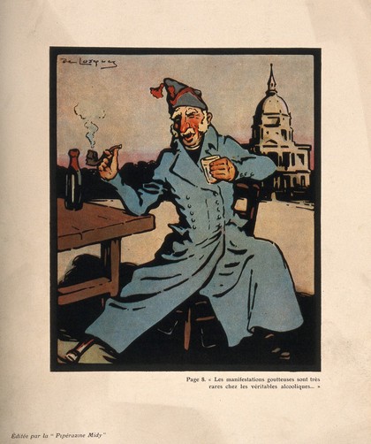 A veteran of Hotel des Invalides resists gout on account of his formidable alcohol consumption. Colour photomechanical reproduction of a lithograph by D.T. de Losques, 1910.