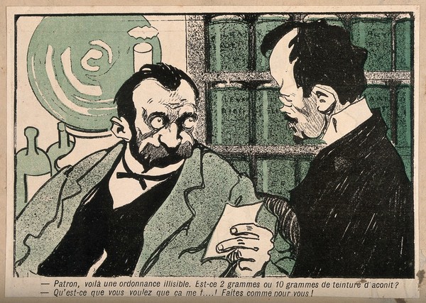 An apothecary tells a drug addict to fill in his own prescription. Colour photomechanical reproduction of a lithograph, c. 1900.