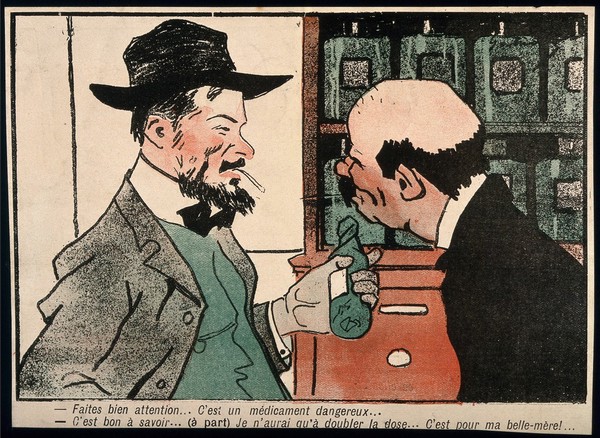 An apothecary gives a dangerous medicine to a man harbouring murderous thoughts about his mother-in-law. Colour photomechanical reproduction of a lithograph, c. 1900.