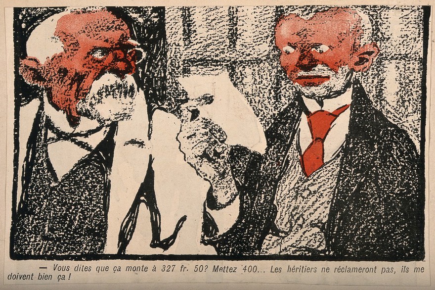 Two executors overcharge a heir, taking advantage of their distress. Colour photomechanical reproduction of a lithograph, c. 1900.