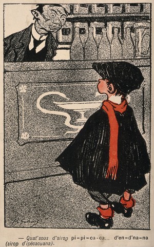 view A small child attempts to ask a pharmacist for some ipecacuanha, but only succeeds in babbling excrementally. Colour photomechanical reproduction of a lithograph, c. 1900.