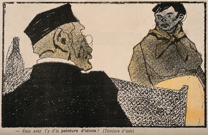 A customer at a pharmacy makes a verbal gaffe when asking for iodine. Colour photomechanical reproduction of a lithograph, c. 1900.