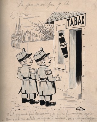 Two soldiers contemplate buying a cigar as a Sunday treat and sharing it. Pen and ink drawing by G. Ri.