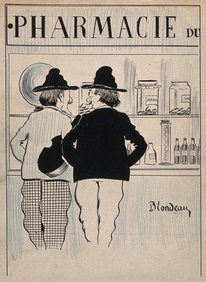 view Two men share a joke about leeches in front of a pharmacy window. Coloured pen and ink drawing by Blondeau.