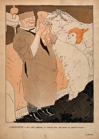 A jolly surgeon picks up a newly-delivered baby and asks for its ticket of arrival. Colour process print after by D.E. Galanis, c. 1910.
