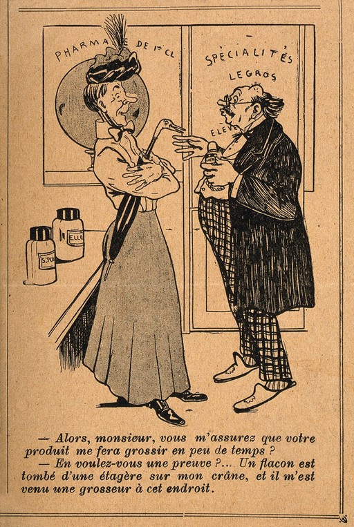 A lady asks a pharmacist about his enlargening potion; he displays the bump on his head as proof of its efficacy. Photomechanical reproduction of a wood engraving.