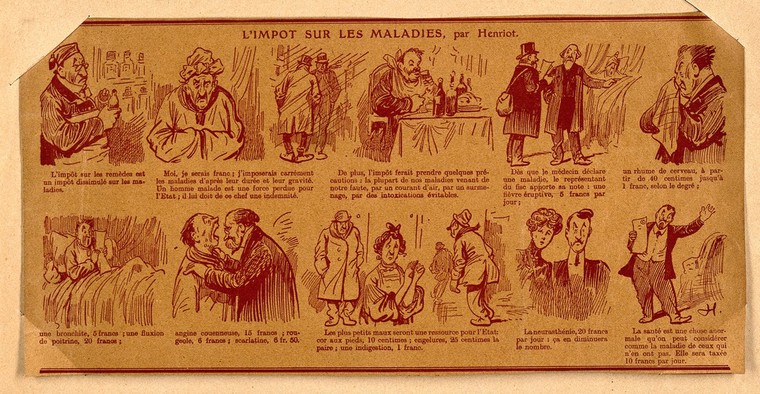 The Tax On Medicine Represented As A Tax On Illness And Ultimately Even On The Abnormality Of Healthiness Ten Vignettes Photomechanical Reproduction Of A Wood Engraving By H Maigrot 1907 Wellcome Collection