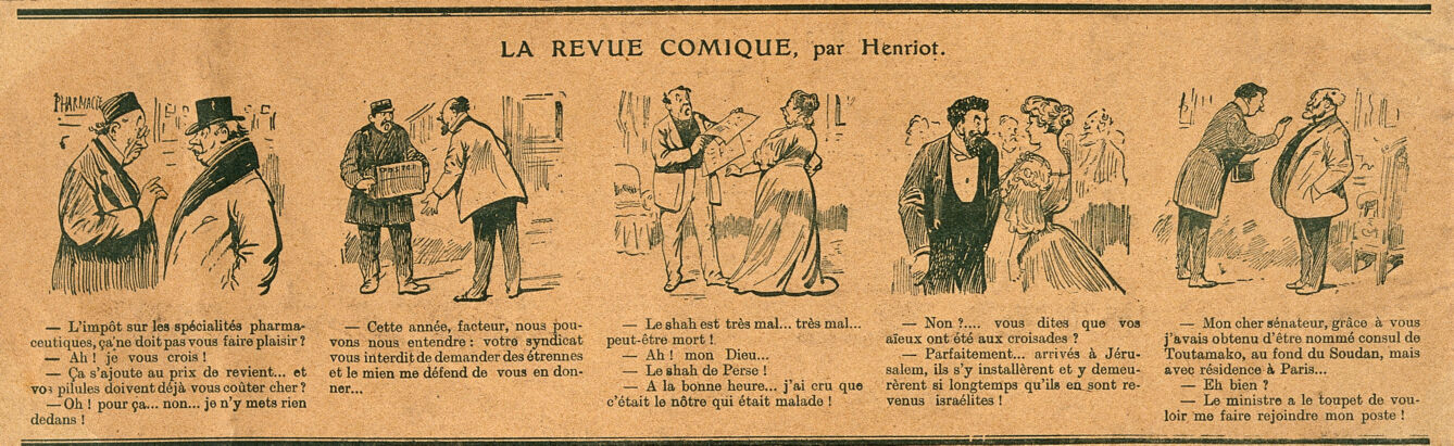 A pharmacist and his friend discuss the new tax on medicine; with four other scenes. Photomechanical reproduction of a wood engraving by H. Maigrot.