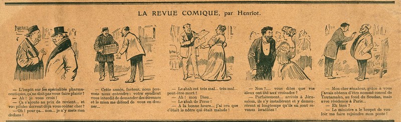 A pharmacist and his friend discuss the new tax on medicine; with four other scenes. Photomechanical reproduction of a wood engraving by H. Maigrot., by Henriot