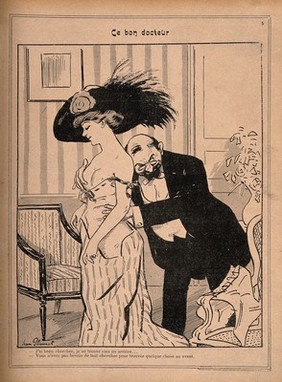 A physician auscultates a lady. Photomechanical reproduction by Jean Plumet, c. 1910.