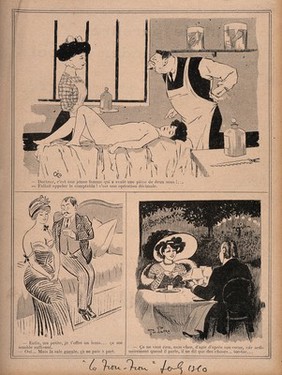 A naked woman lies stretched out on the doctor's couch; she has swallowed a two sou piece; with two other scenes. Photomechanical reproduction, 1910.