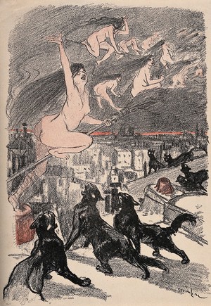 view Big black cats howl as naked witches ascend into the night over the city. Colour process print after of a lithograph by T.A. Steinlen.