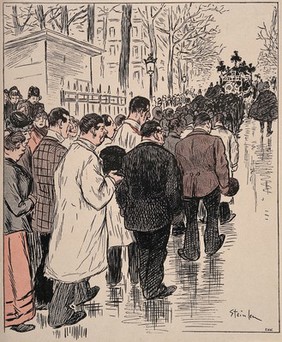 All of Paris turns up for an important funeral procession. Colour process print after a lithograph by T.A. Steinlen.