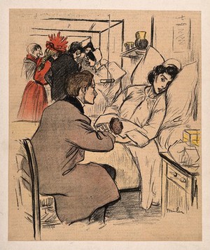 view A man visits a woman in hospital. Colour process print after a lithograph by T.A. Steinlen.