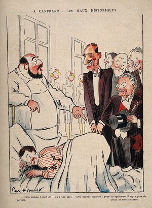 view A group of aristocrats visit a young man in hospital. Colour photomechanical reproduction of a lithograph by P. Hérault, c. 1925.