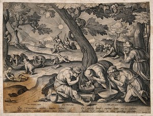 view A gang of hunters pretend to wash their eyes with a slimy substance, thus fooling the monkeys, who 'ape' them and blind themselves, allowing the hunters to move in. Line engraving by J. Collaert after J. van der Straet, c. 1610.