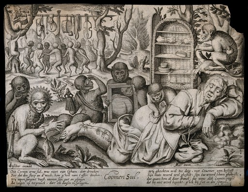 A sleeping pedlar's posterior is examined by monkeys, who play with his goods. Line engraving after P. van Harlingen after P. Bruegel, c. 1610.