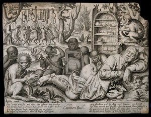 view A sleeping pedlar's posterior is examined by monkeys, who play with his goods. Line engraving after P. van Harlingen after P. Bruegel, c. 1610.
