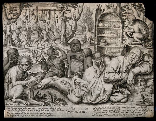 A sleeping pedlar's posterior is examined by monkeys, who play with his goods. Line engraving after P. van Harlingen after P. Bruegel, c. 1610.