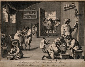 view A barber-surgeon's house, where monkeys shave cats and let blood. Line engraving, c. 1660, after D. Teniers II.