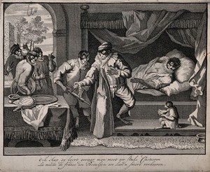 view A monkey surgeon prepares to treat a monkey patient with a clyster, the latest French fashion accessory. Line engraving, ca. 1660.