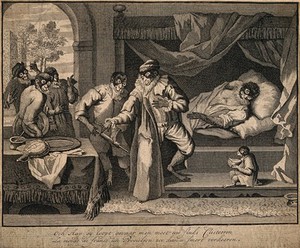 view A monkey patient being treated by a monkey surgeon with a clyster, the latest French fashion accessory. Line engraving, c. 1660.