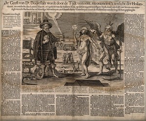 view 'Dr. Dooreslaer' appearing with mythological figures and scenes of feasting and execution. Line engraving, c. 1650.