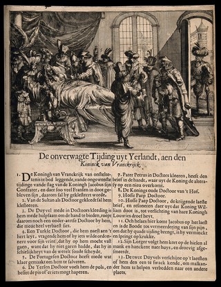 King Louis XIV in bed, having been told that the rumour of King William III's death was untrue, is treated by physicians and surgeons representing different nations. Etching by P. Bouttats., c. 1690.