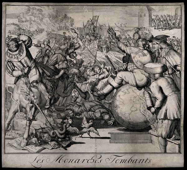 King Louis XIV receives an enema while sitting on a globe of the earth, thus besmearing it with ordure; around him, chaos reigns; symbolising the events following the Protestant rebellions of 1674 including the flight of the royal family from England in 1689. Engraving by R. de Hooghe, c. 1689.