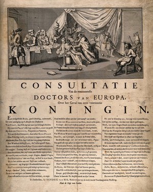 view The rulers of Europe as doctors prescribing remedies for Empress Maria Theresa. Etching and letterpress, 1742.