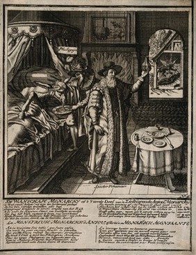 'Philijpÿn' helps a donkey to vomit while a 'Doctor Financier' examines a urine sample;; representing the state of Spain under the monarchy of King Philip V. Etching attributed to A. Allard, 1711.