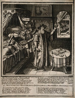 view 'Philijpÿn' helps a donkey to vomit while a 'Doctor Financier' examines a urine sample;; representing the state of Spain under the monarchy of King Philip V. Etching attributed to A. Allard, 1711.